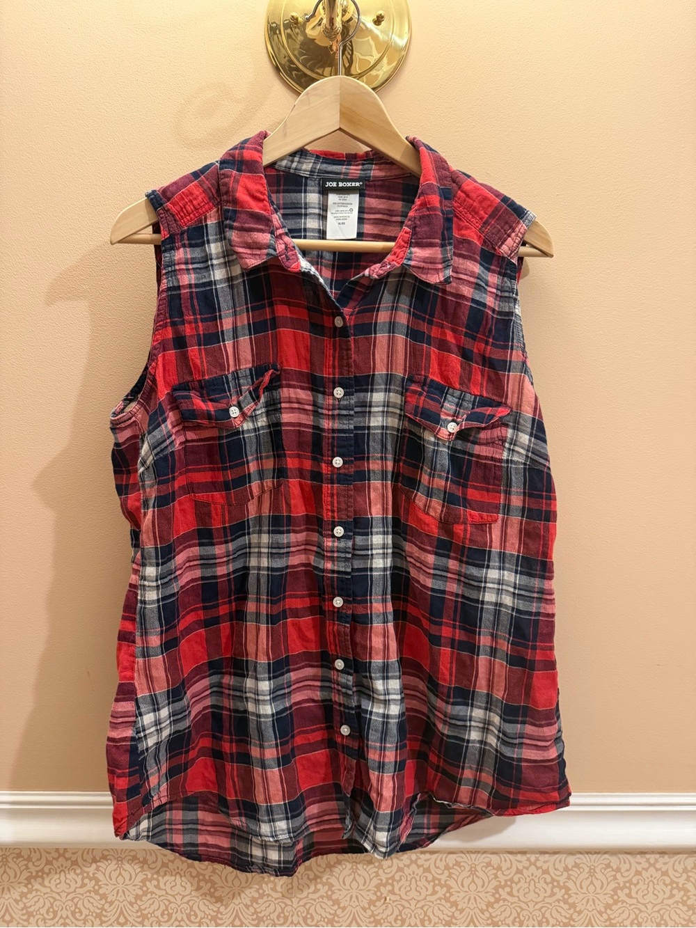 Joe Boxer Red Navy Plaid Sleeveless Button-Down Shirt 100% cotton